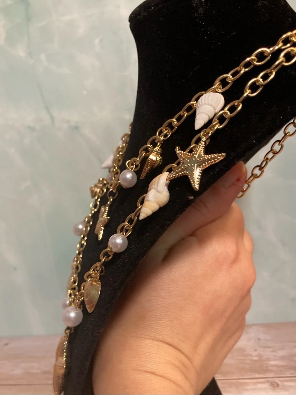 Gold Toned Seashell & Starfish Layered Necklace with Pearls